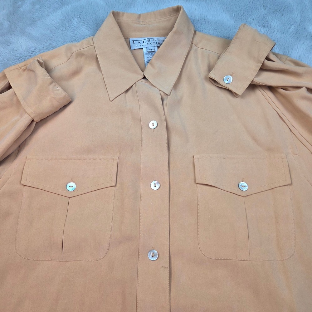 Vintage Talbots Collection Silk Blouse Women 12 Apricot Orange Button Down Shirt